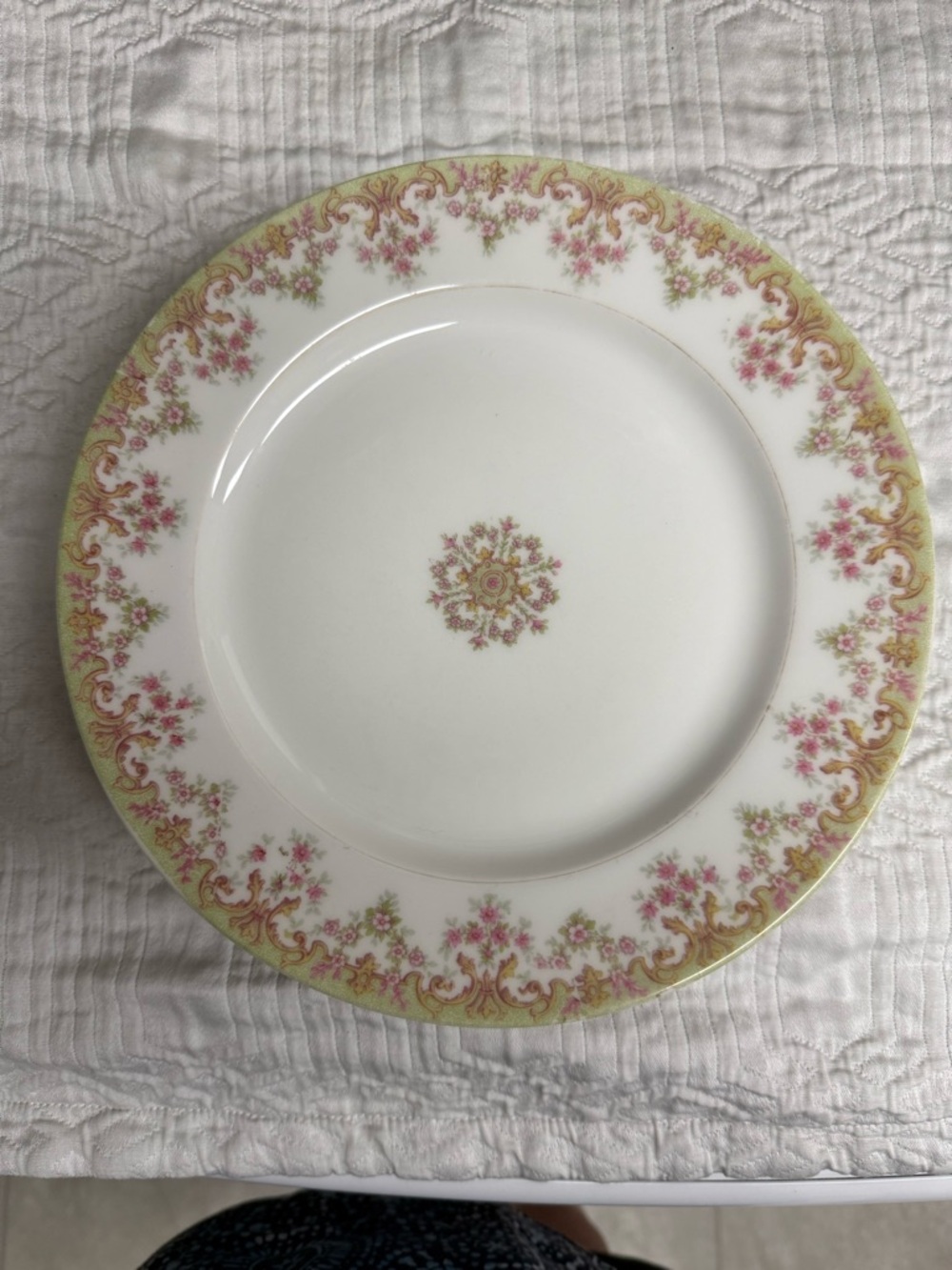 Limoges French Porcelain Dinner Plate with Pink and Gold Floral Border